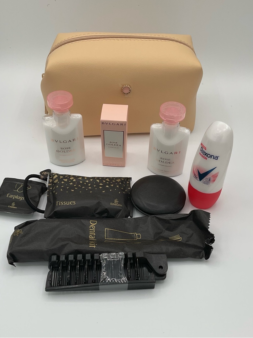 Emirates Business Class Bvlgari Rose Goldea Toiletry Set with Peach Travel Pouch